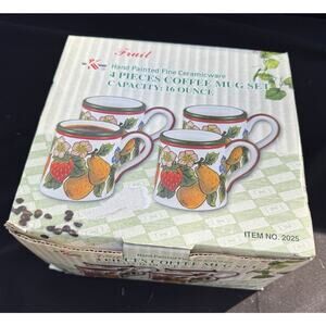 Set Of 4 Kk Mixed fruit coffee mug with strawberries pears peaches New In Box!